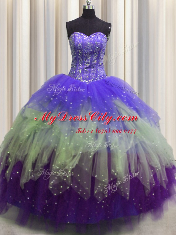 High Quality Visible Boning Multi-color Tulle Lace Up Vestidos de Quinceanera Sleeveless Floor Length Beading and Ruffles and Sequins