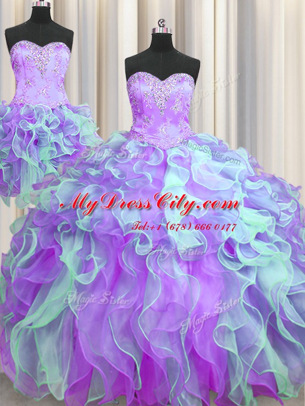 Elegant Three Piece Organza Sleeveless Floor Length Sweet 16 Dress and Beading and Appliques