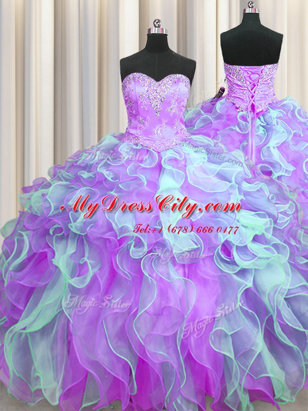 Elegant Three Piece Organza Sleeveless Floor Length Sweet 16 Dress and Beading and Appliques