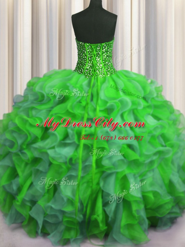 Trendy Visible Boning Bling-bling Organza Sleeveless Floor Length Quinceanera Dresses and Beading and Ruffles