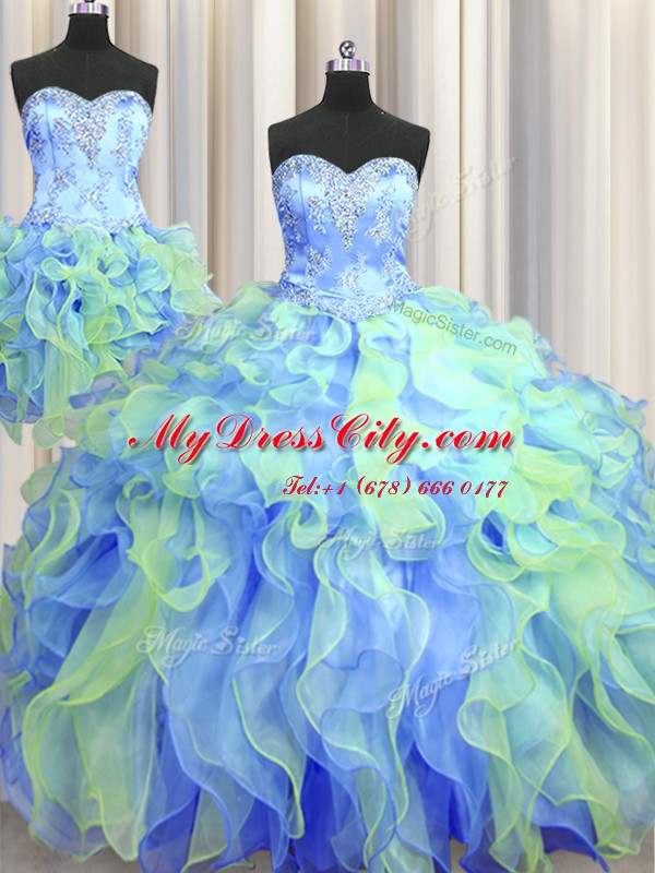 Fitting Three Piece Beading and Appliques and Ruffles Sweet 16 Dresses Multi-color Lace Up Sleeveless Floor Length