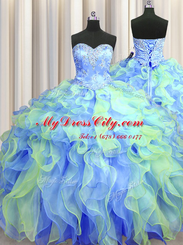 Fitting Three Piece Beading and Appliques and Ruffles Sweet 16 Dresses Multi-color Lace Up Sleeveless Floor Length