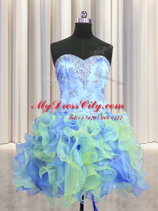 Fitting Three Piece Beading and Appliques and Ruffles Sweet 16 Dresses Multi-color Lace Up Sleeveless Floor Length