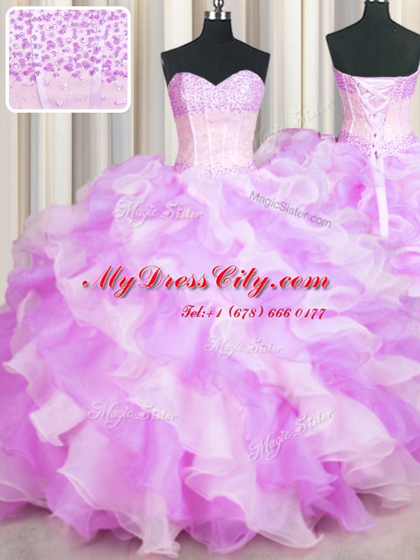 Visible Boning Two Tone Ball Gowns Quince Ball Gowns Multi-color Sweetheart Organza Sleeveless Floor Length Lace Up