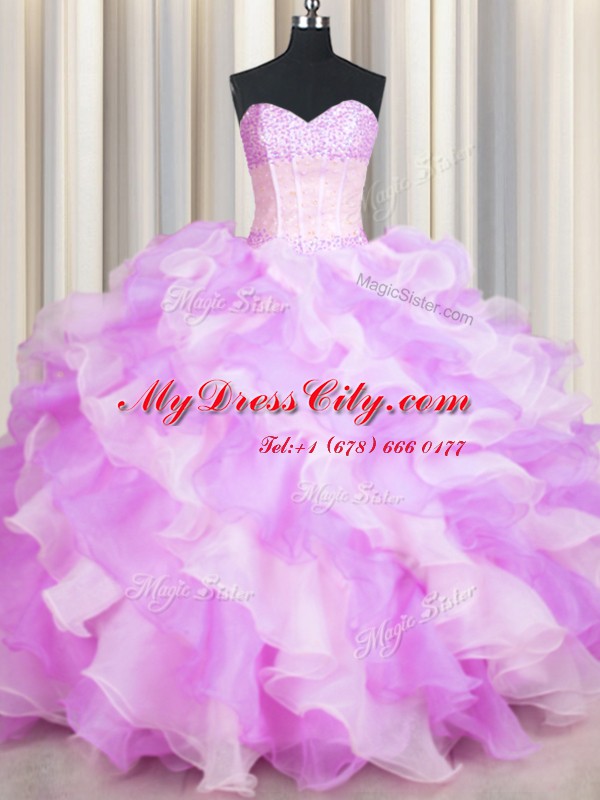 Visible Boning Two Tone Ball Gowns Quince Ball Gowns Multi-color Sweetheart Organza Sleeveless Floor Length Lace Up