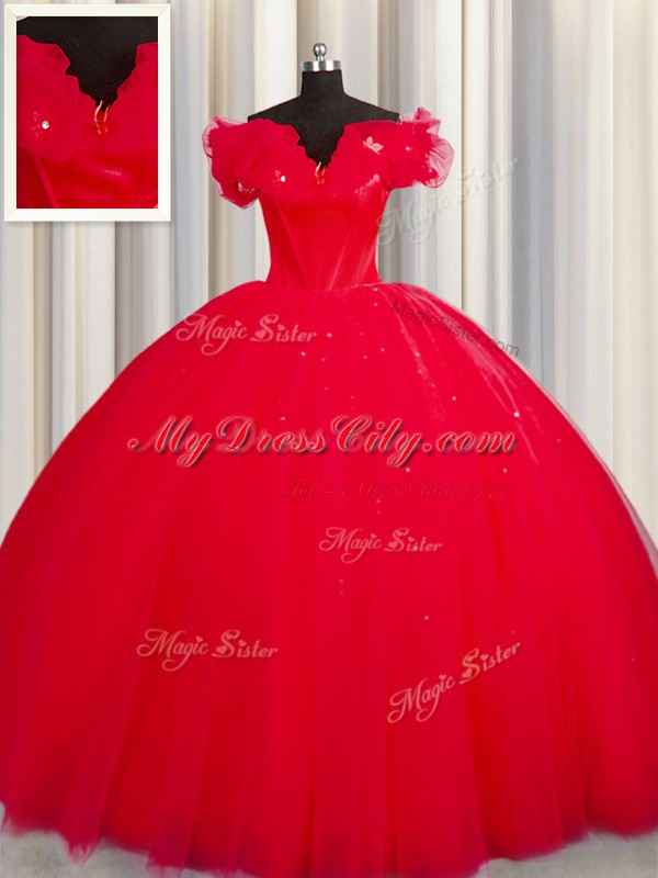 Vintage With Train Red 15 Quinceanera Dress Off The Shoulder Short Sleeves Court Train Lace Up