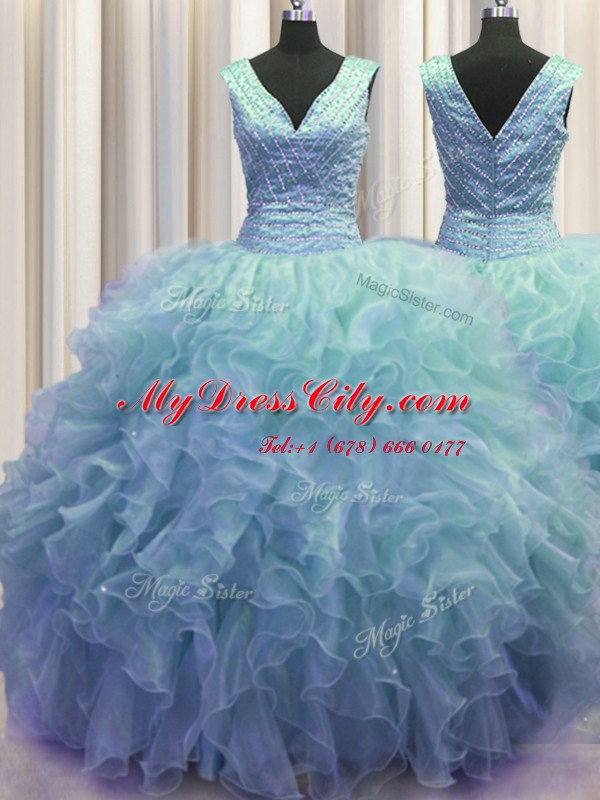 New Style V Neck Zipper Up Organza Sleeveless Floor Length 15 Quinceanera Dress and Ruffles