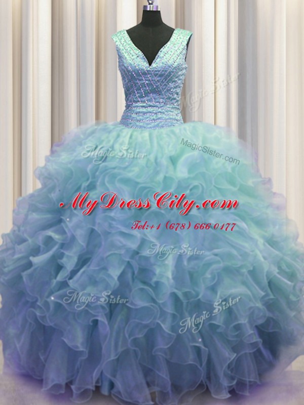 New Style V Neck Zipper Up Organza Sleeveless Floor Length 15 Quinceanera Dress and Ruffles