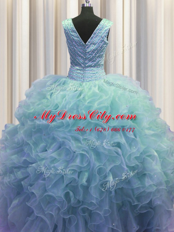 New Style V Neck Zipper Up Organza Sleeveless Floor Length 15 Quinceanera Dress and Ruffles