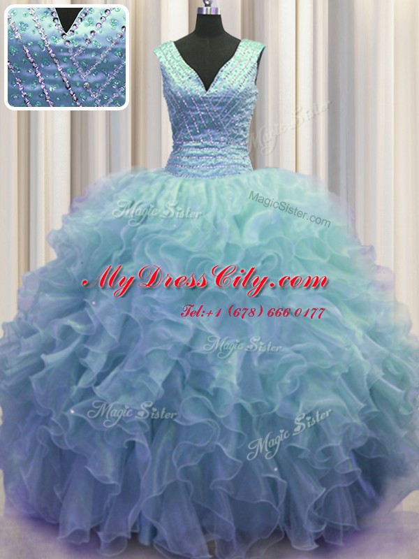 New Style V Neck Zipper Up Organza Sleeveless Floor Length 15 Quinceanera Dress and Ruffles