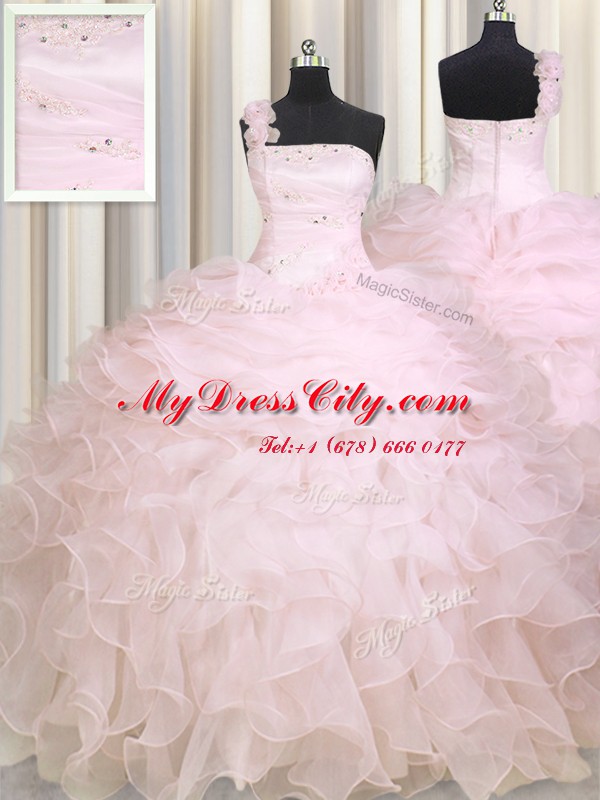 One Shoulder Baby Pink Sleeveless Organza Zipper Quinceanera Gowns for Military Ball and Sweet 16 and Quinceanera