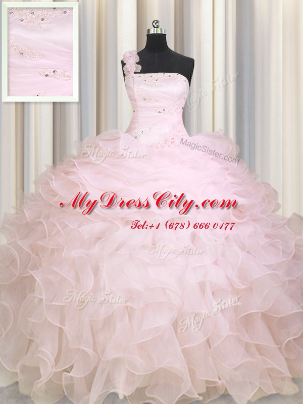 One Shoulder Baby Pink Sleeveless Organza Zipper Quinceanera Gowns for Military Ball and Sweet 16 and Quinceanera