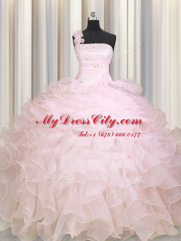 One Shoulder Baby Pink Sleeveless Organza Zipper Quinceanera Gowns for Military Ball and Sweet 16 and Quinceanera