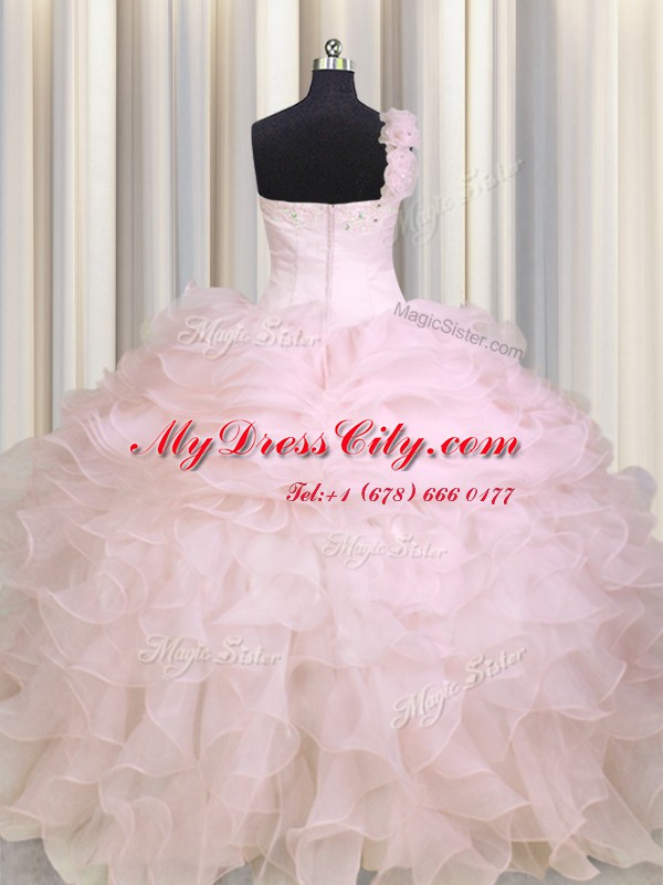 One Shoulder Baby Pink Sleeveless Organza Zipper Quinceanera Gowns for Military Ball and Sweet 16 and Quinceanera