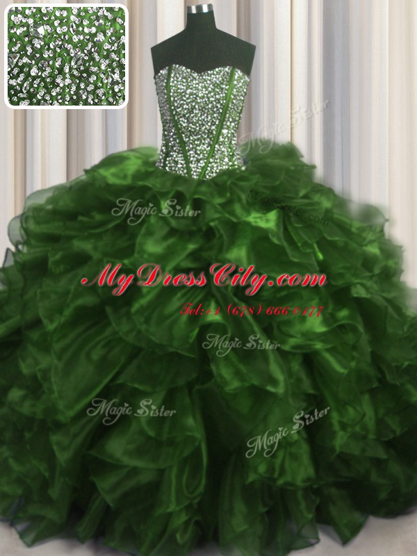 Suitable Visible Boning Organza Sleeveless With Train Quinceanera Gowns Brush Train and Beading and Ruffles