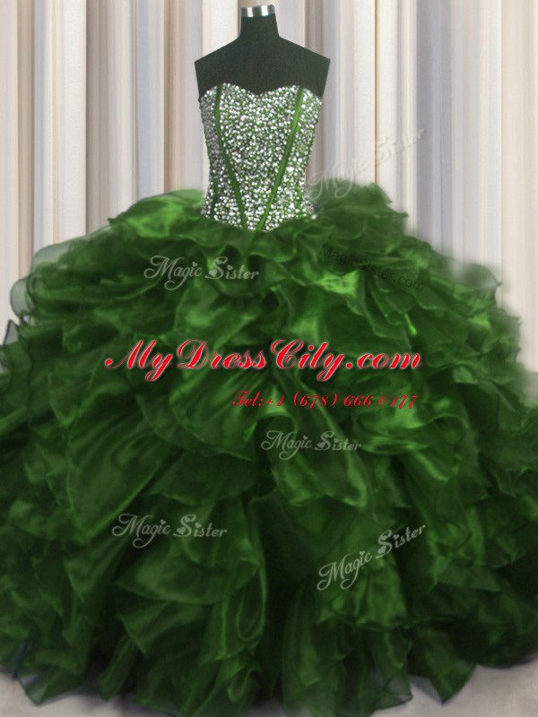 Suitable Visible Boning Organza Sleeveless With Train Quinceanera Gowns Brush Train and Beading and Ruffles