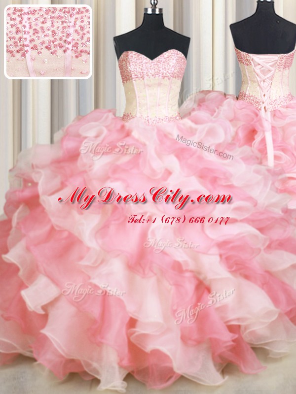 Unique Visible Boning Two Tone Pink And White Lace Up Sweetheart Beading and Ruffles Vestidos de Quinceanera Organza Sleeveless