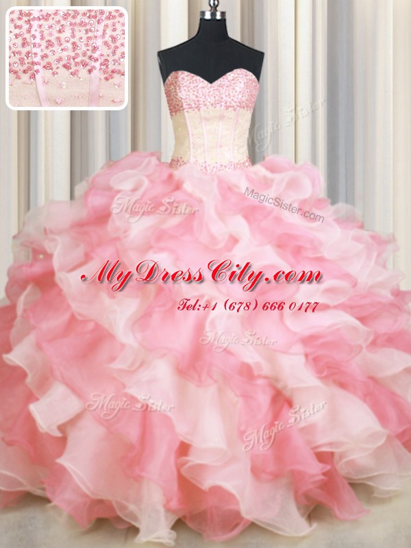 Unique Visible Boning Two Tone Pink And White Lace Up Sweetheart Beading and Ruffles Vestidos de Quinceanera Organza Sleeveless