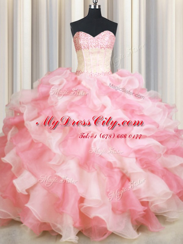 Unique Visible Boning Two Tone Pink And White Lace Up Sweetheart Beading and Ruffles Vestidos de Quinceanera Organza Sleeveless