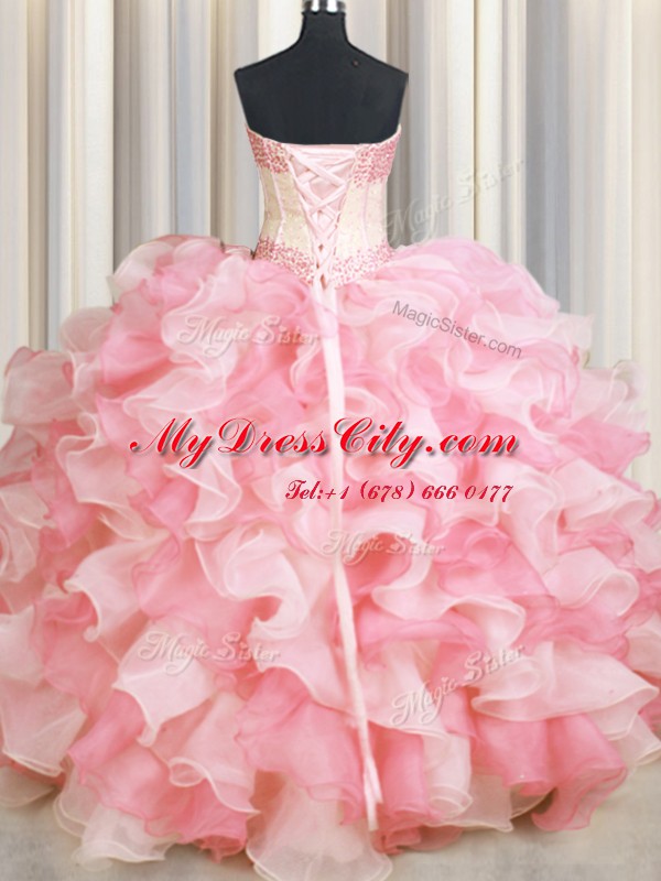 Unique Visible Boning Two Tone Pink And White Lace Up Sweetheart Beading and Ruffles Vestidos de Quinceanera Organza Sleeveless