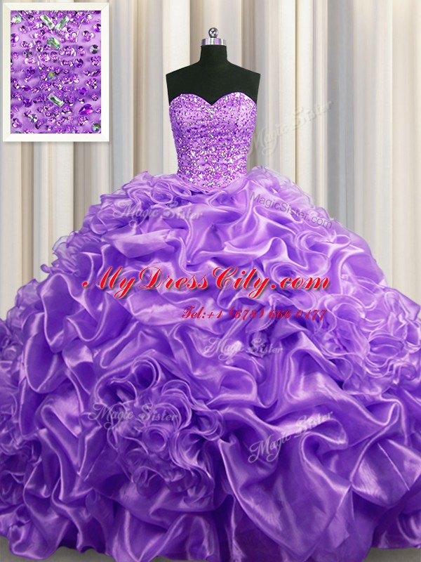 Ideal Pick Ups Lavender Sleeveless Organza Court Train Lace Up 15 Quinceanera Dress for Military Ball and Sweet 16 and Quinceanera