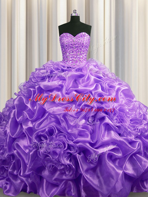 Ideal Pick Ups Lavender Sleeveless Organza Court Train Lace Up 15 Quinceanera Dress for Military Ball and Sweet 16 and Quinceanera