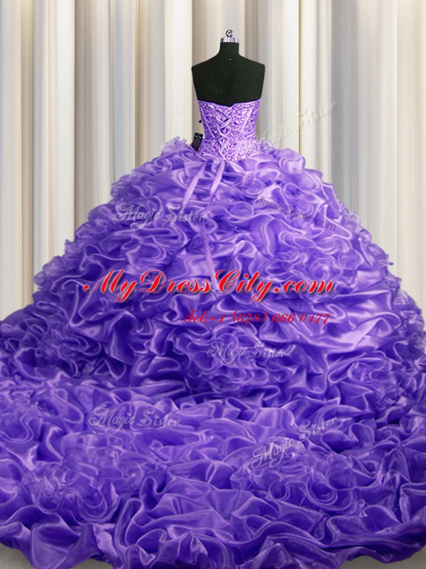 Ideal Pick Ups Lavender Sleeveless Organza Court Train Lace Up 15 Quinceanera Dress for Military Ball and Sweet 16 and Quinceanera