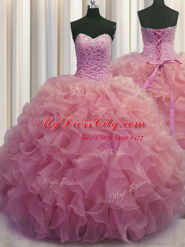 Adorable Watermelon Red Organza Lace Up Sweet 16 Quinceanera Dress Sleeveless Floor Length Beading and Ruffles