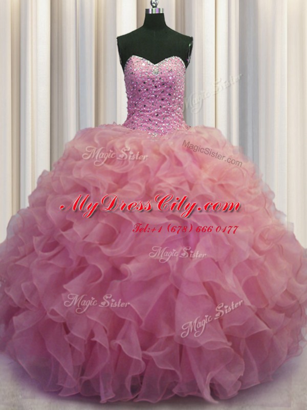 Adorable Watermelon Red Organza Lace Up Sweet 16 Quinceanera Dress Sleeveless Floor Length Beading and Ruffles