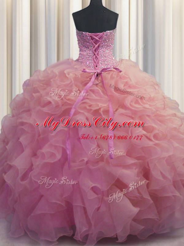 Adorable Watermelon Red Organza Lace Up Sweet 16 Quinceanera Dress Sleeveless Floor Length Beading and Ruffles