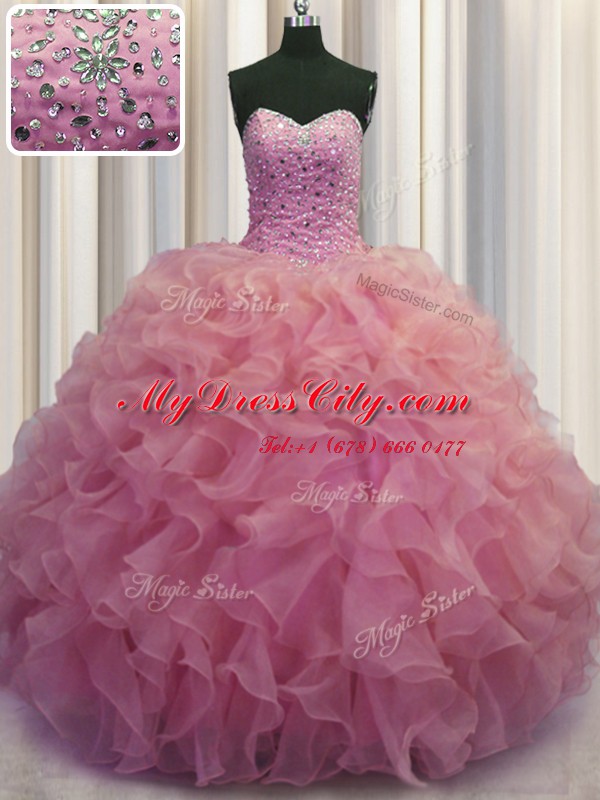 Adorable Watermelon Red Organza Lace Up Sweet 16 Quinceanera Dress Sleeveless Floor Length Beading and Ruffles