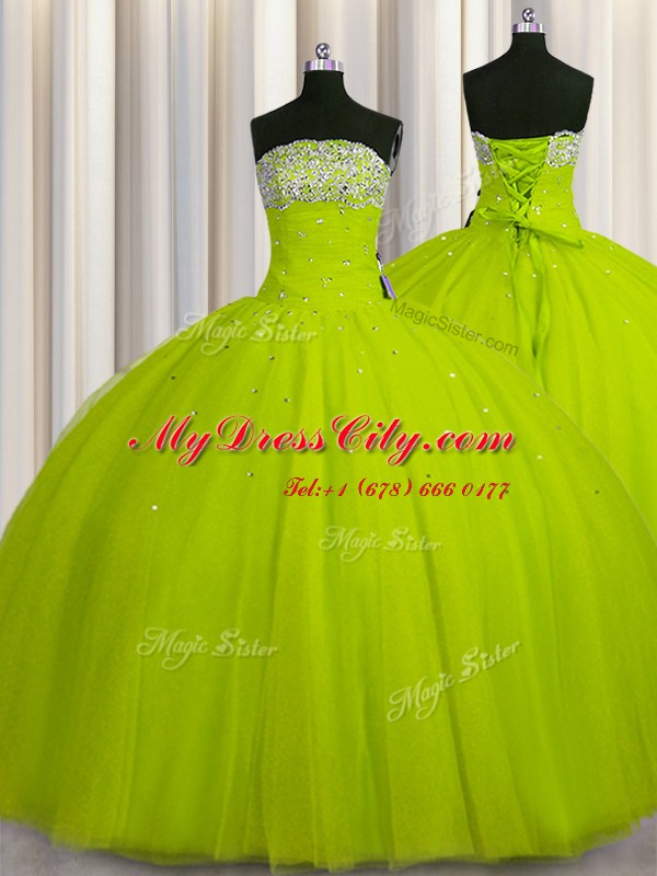 Fitting Big Puffy Yellow Green Sleeveless Organza Lace Up Sweet 16 Dresses for Military Ball and Sweet 16 and Quinceanera