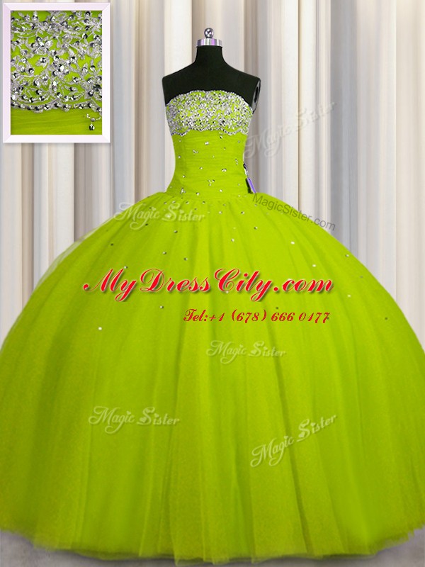 Fitting Big Puffy Yellow Green Sleeveless Organza Lace Up Sweet 16 Dresses for Military Ball and Sweet 16 and Quinceanera