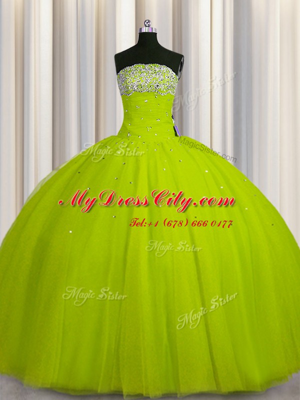 Fitting Big Puffy Yellow Green Sleeveless Organza Lace Up Sweet 16 Dresses for Military Ball and Sweet 16 and Quinceanera