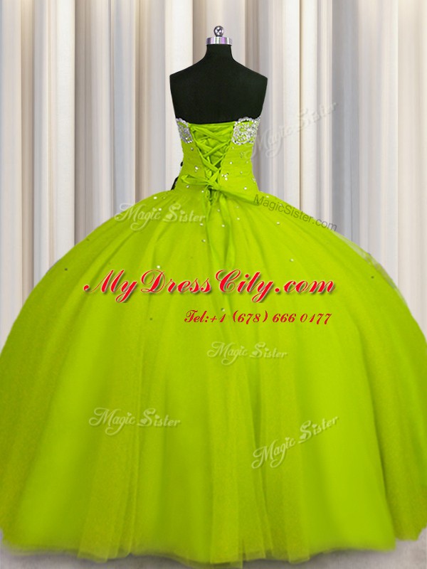 Fitting Big Puffy Yellow Green Sleeveless Organza Lace Up Sweet 16 Dresses for Military Ball and Sweet 16 and Quinceanera