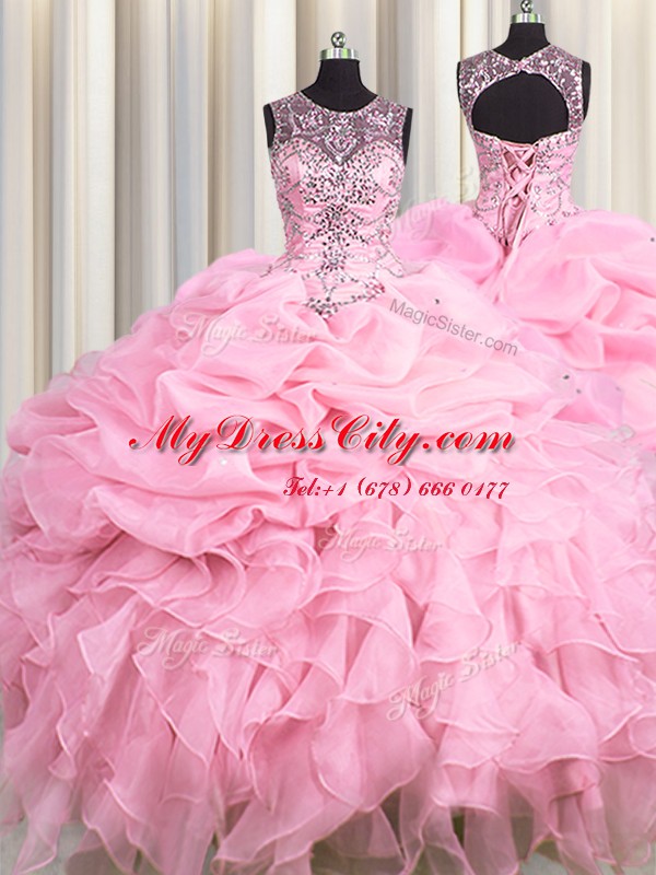 Scoop See Through Baby Pink Organza Lace Up 15 Quinceanera Dress Sleeveless Floor Length Beading and Ruffles and Pick Ups