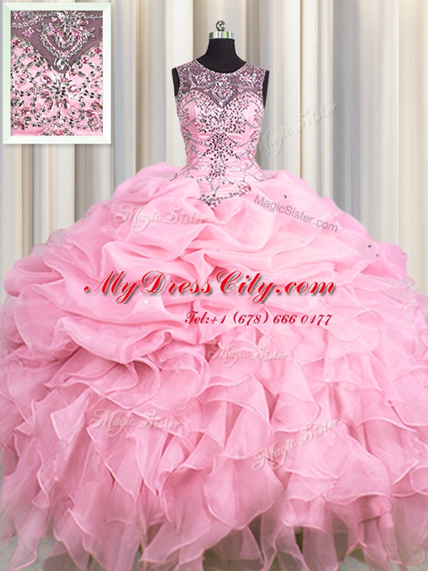 Scoop See Through Baby Pink Organza Lace Up 15 Quinceanera Dress Sleeveless Floor Length Beading and Ruffles and Pick Ups