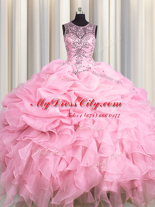 Scoop See Through Baby Pink Organza Lace Up 15 Quinceanera Dress Sleeveless Floor Length Beading and Ruffles and Pick Ups