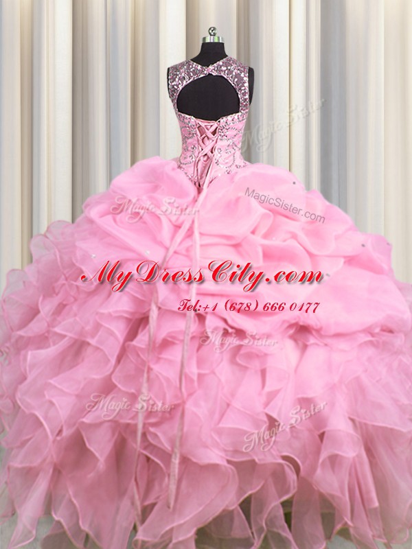 Scoop See Through Baby Pink Organza Lace Up 15 Quinceanera Dress Sleeveless Floor Length Beading and Ruffles and Pick Ups