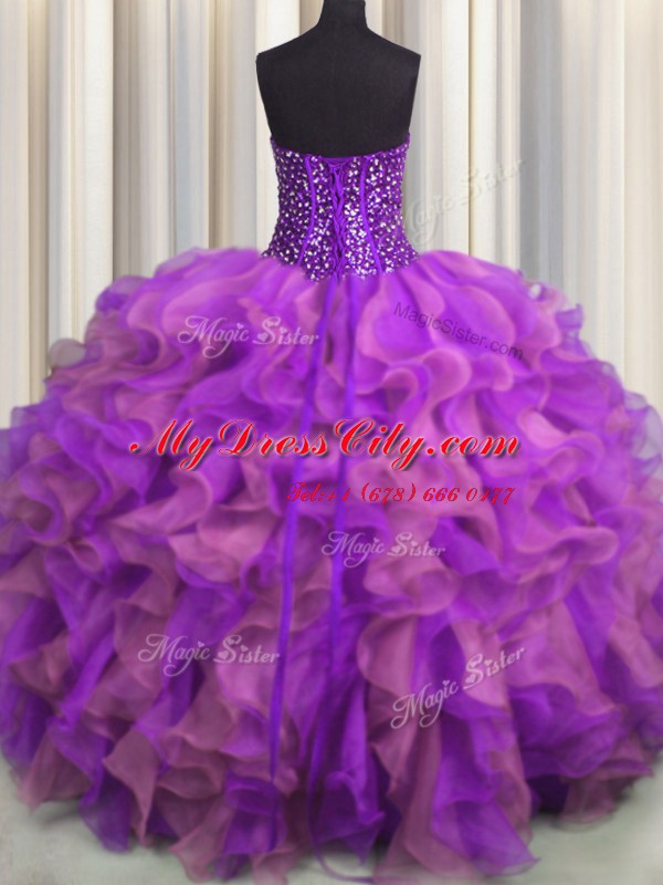 Visible Boning Beaded Bodice Multi-color Organza Lace Up Strapless Sleeveless Floor Length 15th Birthday Dress Beading and Ruffles