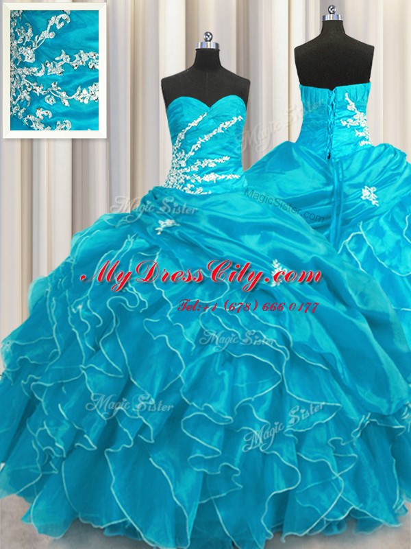 Trendy Aqua Blue Ball Gowns Beading and Appliques and Ruffles Quince Ball Gowns Lace Up Organza Sleeveless Floor Length