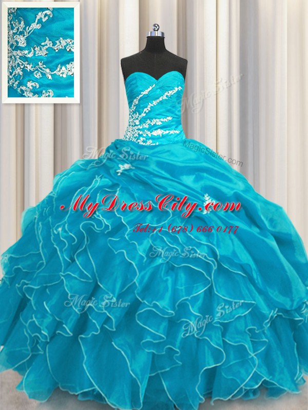 Trendy Aqua Blue Ball Gowns Beading and Appliques and Ruffles Quince Ball Gowns Lace Up Organza Sleeveless Floor Length