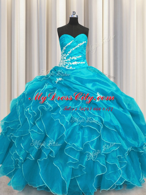 Trendy Aqua Blue Ball Gowns Beading and Appliques and Ruffles Quince Ball Gowns Lace Up Organza Sleeveless Floor Length