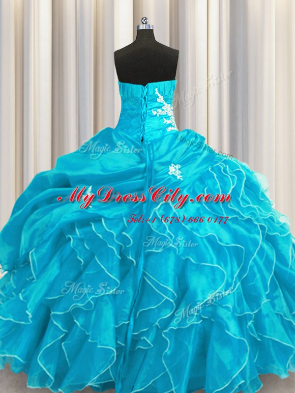 Trendy Aqua Blue Ball Gowns Beading and Appliques and Ruffles Quince Ball Gowns Lace Up Organza Sleeveless Floor Length