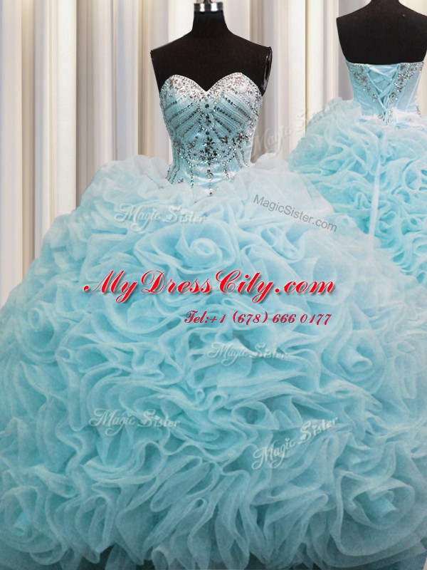 Captivating Rolling Flowers Aqua Blue 15 Quinceanera Dress Sweetheart Sleeveless Brush Train Lace Up