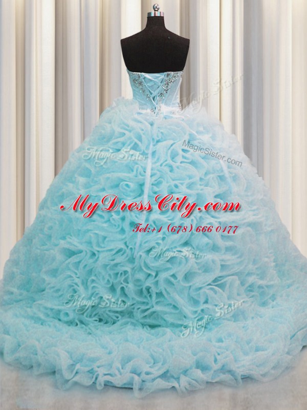 Captivating Rolling Flowers Aqua Blue 15 Quinceanera Dress Sweetheart Sleeveless Brush Train Lace Up