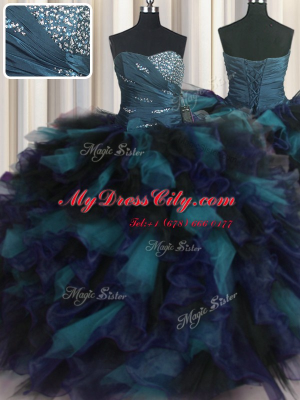 Floor Length Multi-color Sweet 16 Dresses Organza and Tulle Sleeveless Beading and Ruffles