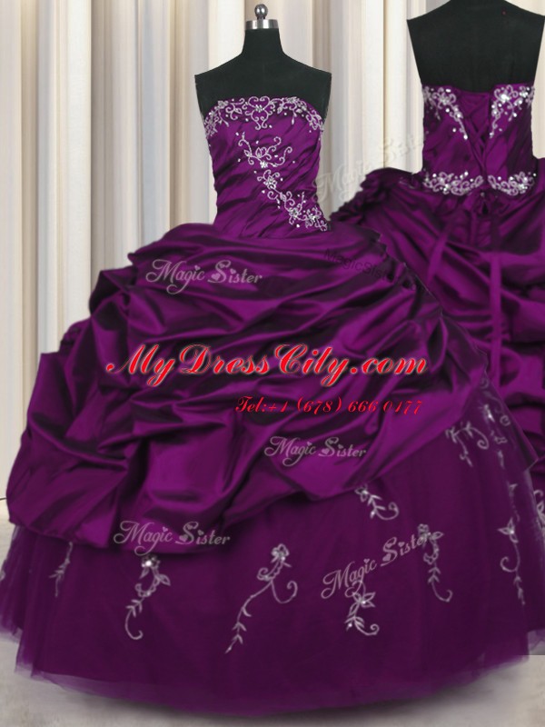 Taffeta Sleeveless Floor Length Sweet 16 Dress and Beading and Embroidery and Pick Ups