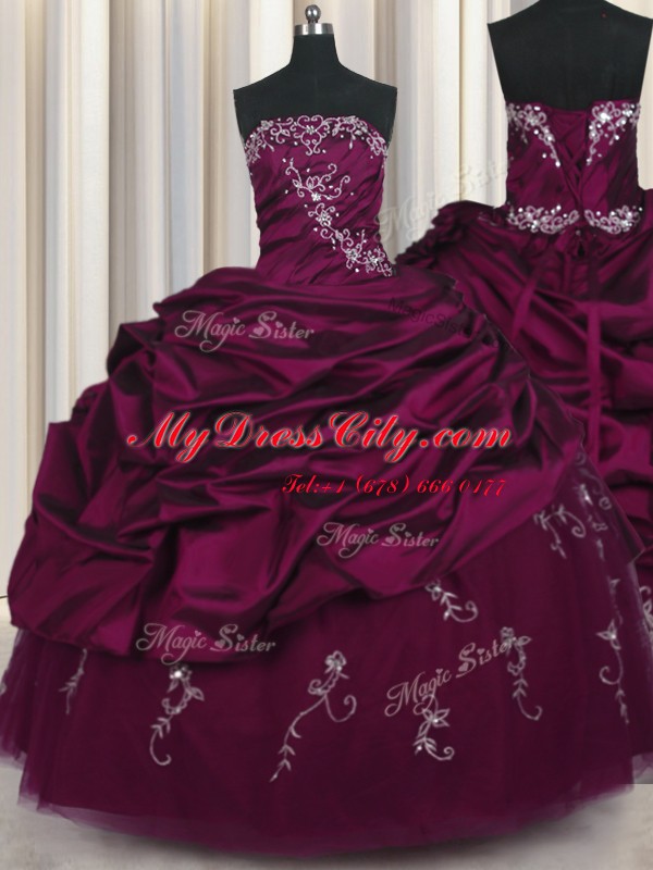 Most Popular Floor Length Lace Up 15 Quinceanera Dress Purple for Military Ball and Sweet 16 and Quinceanera with Beading and Appliques and Pick Ups