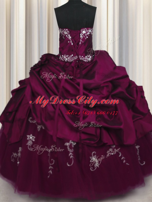 Most Popular Floor Length Lace Up 15 Quinceanera Dress Purple for Military Ball and Sweet 16 and Quinceanera with Beading and Appliques and Pick Ups